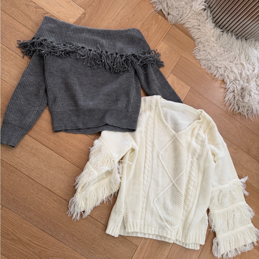 Fringe Knit Sweaters in Gray and Cream